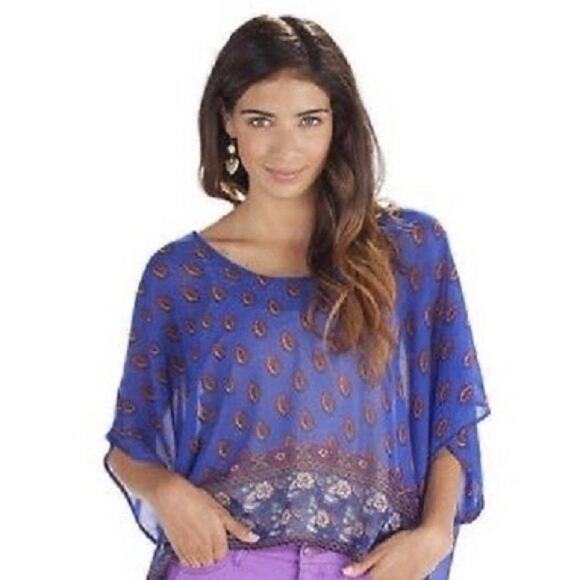 Jessica Simpson Blouse Women's XS/S Blue Sheer Boho Paisley Strappy Back New - Picture 1 of 12
